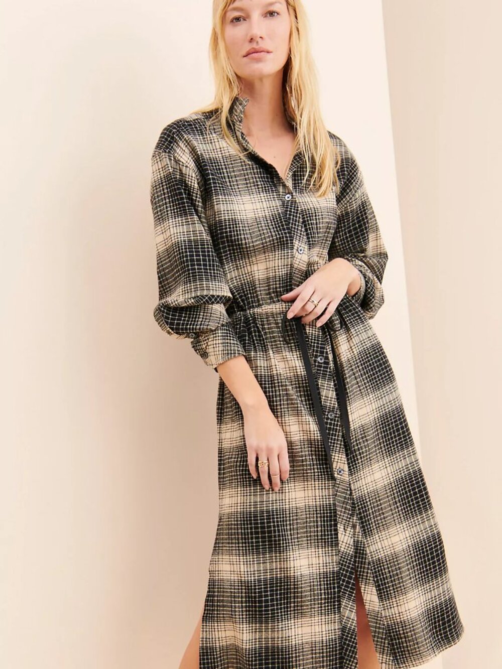 JOIE Ardine Plaid Flannel shirt dress - FALL Perfection Midi Black Tan Button Up - Picture 7 of 16
